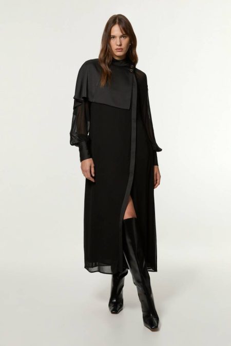 Maxi Dresses Women Karen Millen Petite Military Sheer Cape Detail Woven Midi Dress Black