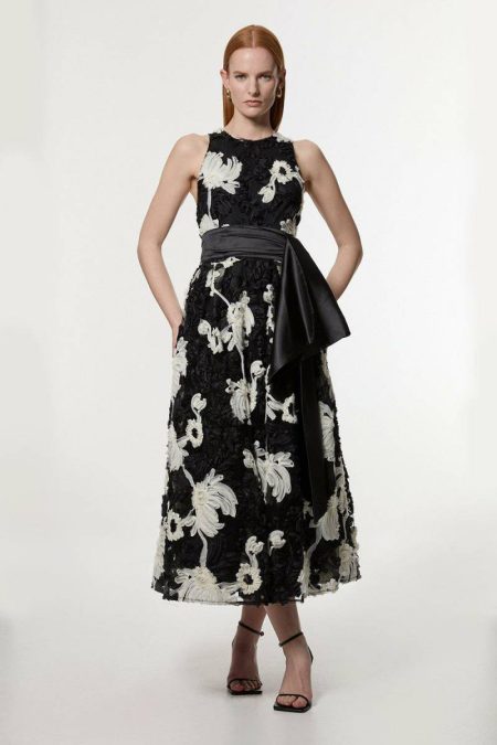 Maxi Dresses Women Karen Millen Rosette Mono Textured Woven Prom Maxi Dress Mono