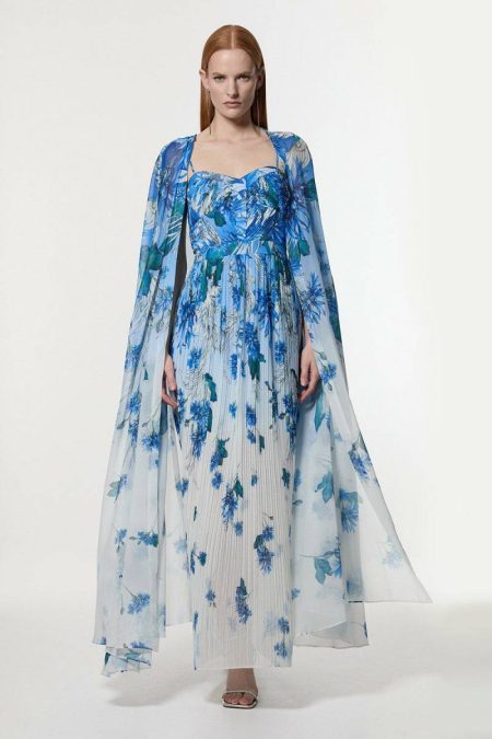 Maxi Dresses Women Pink Scattered Floral Print Woven Pleated Cape Maxi Dress Karen Millen