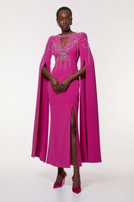 Maxi Dresses Women Raspberry Crystal Embellished Cady Woven Cape Maxi Dress Karen Millen