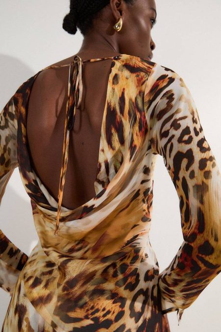 Maxi Dresses Women Sheer Viscose Georgette Sketchy Animal Woven Cowl Back Maxi Dress Karen Millen Animal