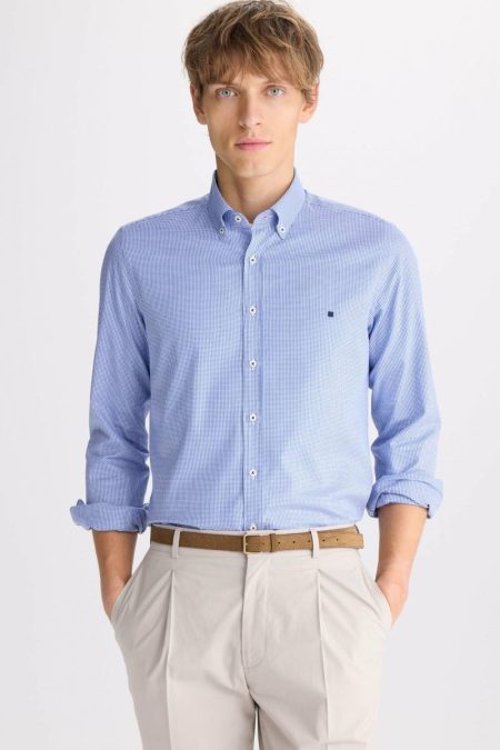 Men Ink Blue/White Purificacion Garci Shirts Micro Gingham Check Poplin Shirt