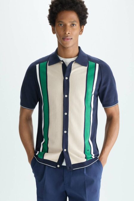 Men Knitwear Purificacion Garci Navy Blue/Stone/Green Striped Knit Shirt