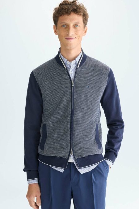 Men Navy/Ecru Purificacion Garci Outerwear Pima Cotton Jacquard Knit Bomber Jacket