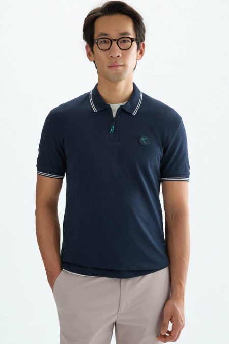 Men Polo Shirts Stretch-Piqué Half-Zip Slim Fit Polo Shirt Navy Purificacion Garci