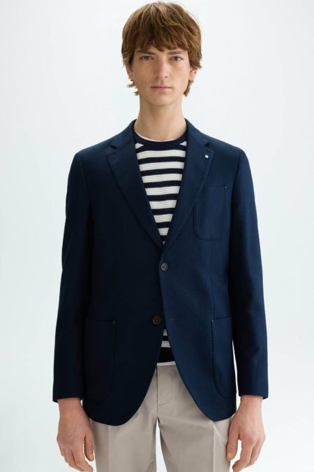 Men Purificacion Garci Navy Suits And Blazers Textured Cotton Relaxed Fit Blazer