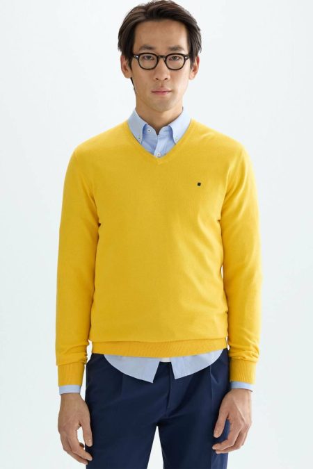Men Purificacion Garci Pima Cotton V-Neck Sweater Sweatshirts Yellow
