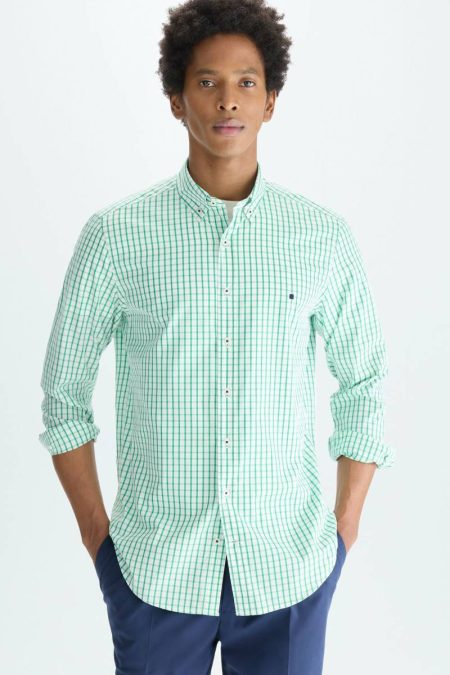Men Purificacion Garci Windowpane Check Poplin Shirt Green/White Shirts