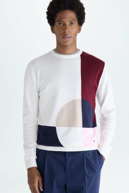 Men Sweatshirts Geometric Intarsia Pima Cotton Knit Sweater Ecru/Multicolour Purificacion Garci