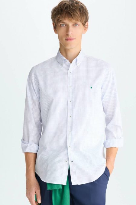 Men Windowpane Check Poplin Shirt Purificacion Garci Shirts White/Blue