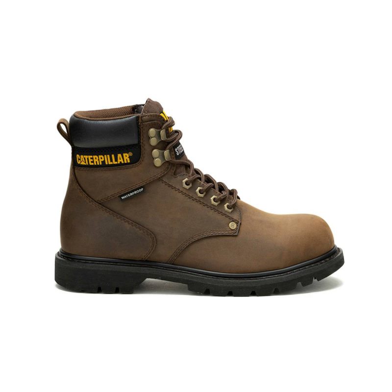 Men's Second Shift Waterproof Steel Toe Work Boot Dark Brown Cat Boots Men