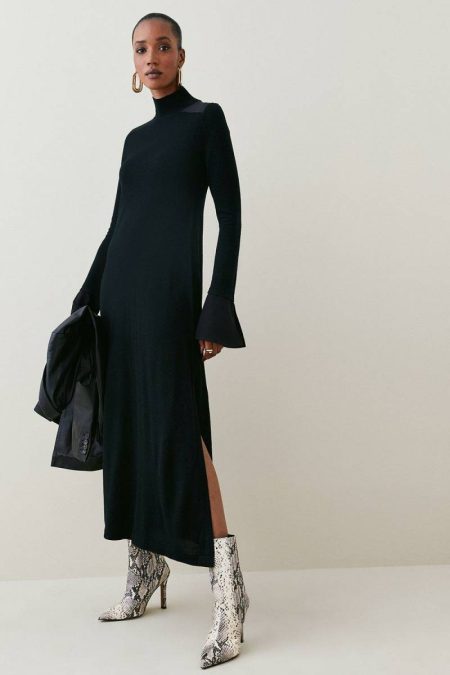 Merino Wool Silk Cuff Maxi Knit Dress Camel Women Karen Millen Tailoring