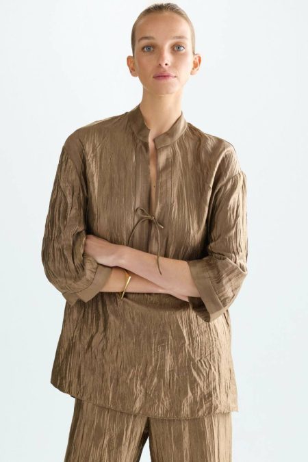 Metallic Crinkle Oversize Blouse Shirts Women Gold Purificacion Garci