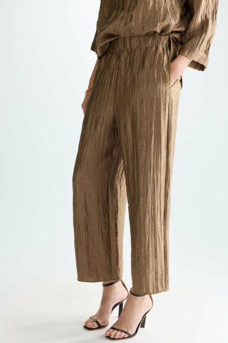 Metallic Crinkle Straight-Leg Pyjama-Style Trousers Gold Evening Purificacion Garci Women