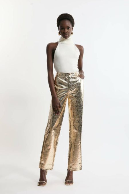 Metallic Faux Leather Straight Pants Silver Tailoring Women Karen Millen