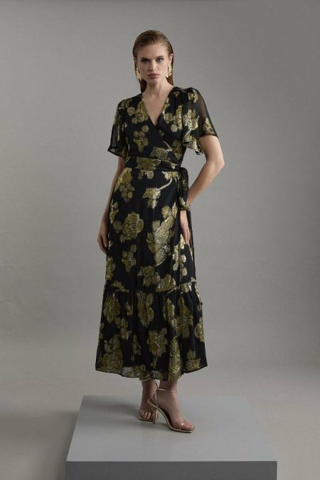 Metallic Jacquard Wrap Midi Dress Women Black Midi Dresses Karen Millen