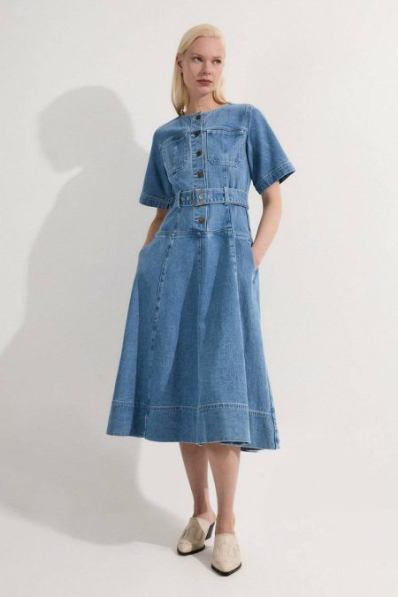 Mid Blue Midi Dresses Petite Denim Soft Wash Short Sleeve Belted Midi Dress Karen Millen Women