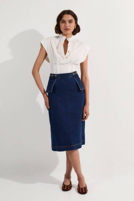 Mid Blue Skirts Stretch Denim Snaffle Trim Midi Skirt Karen Millen Women