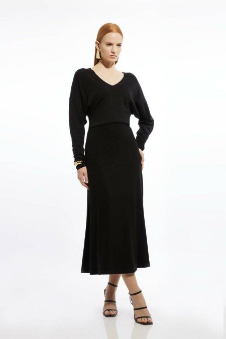 Midi Dresses Camel Viscose Blend V Neck Knit Midi Dress Women Karen Millen