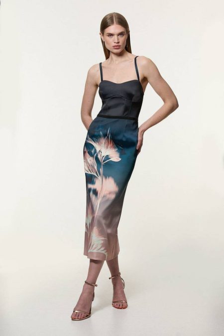 Midi Dresses Floral Karen Millen Women Petite Abstract Ombre Floral Italian Structured Satin Tailored Corset Midi Dress