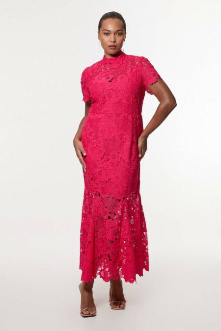 Midi Dresses Fuchsia Women Plus Size Guipure Lace High Neck Woven Midi Dress Karen Millen