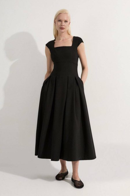 Midi Dresses Ivory Karen Millen Women Clean Tailored Square Neck Full Skirted Midi Dress