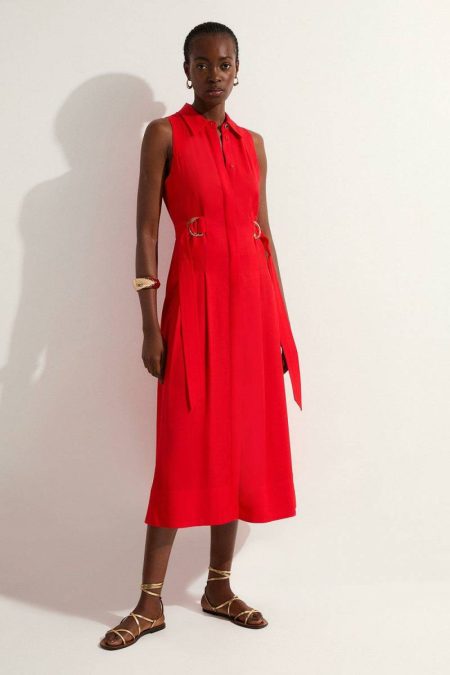 Midi Dresses Karen Millen Coral Women Petite Premium Viscose Linen Topstitch Halter Neck Woven Midi Dress With D Ring Detail