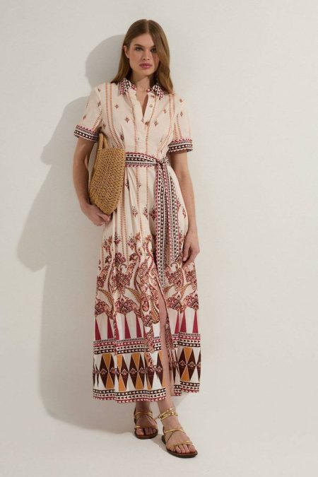 Midi Dresses Karen Millen Cotton Sateen Placed Print Woven Midi Shirt Dress Women Tan