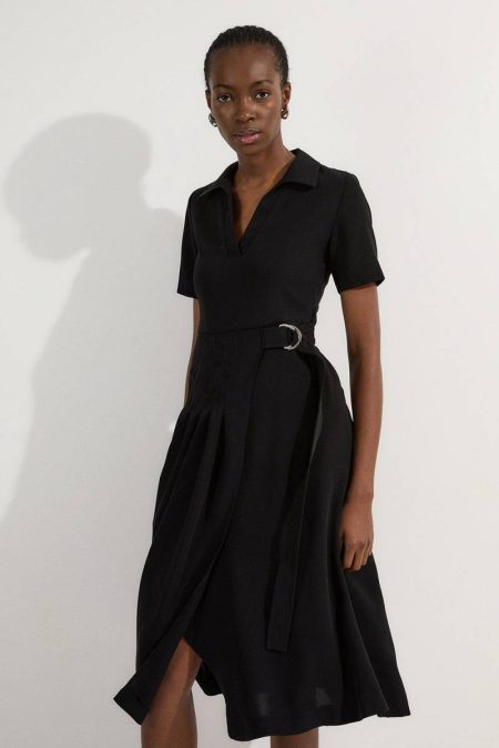 Midi Dresses Karen Millen Soft Tailored Pleated Belted Midi Dress Women Ivory
