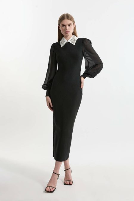 Midi Dresses Karen Millen Women Petite Bandage Collared Midi Dress With Sheer Sleeve Black