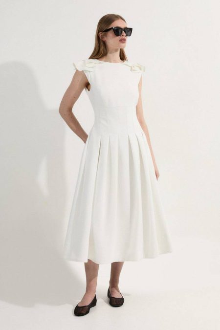 Midi Dresses Karen Millen Women Structured Crepe Ruffle Shoulder Tailored Full Skirted Midi Dress Ivory
