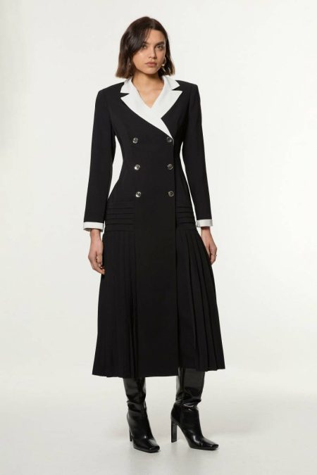 Midi Dresses Mono Karen Millen Long Sleeve Contrast Collar Pleated Button Detail Woven Midi Dress Women