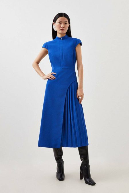 Midi Dresses Mono Karen Millen Women Tailored Crepe High Neck Side Pleat Detail Midi Dress