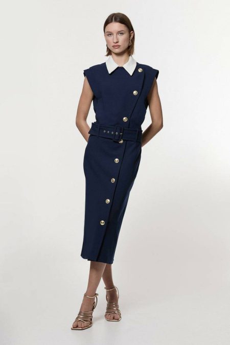 Midi Dresses Navy Compact Stretch Tailored Contrast Collar Pencil Midi Dress Women Karen Millen