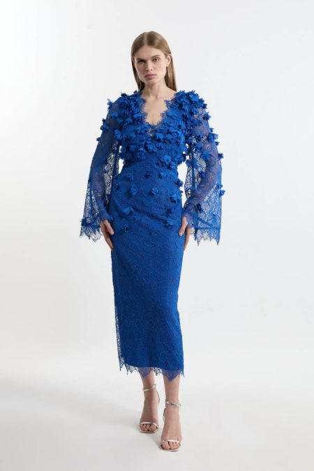 Midi Dresses Petite Lace Petal Applique Balloon Sleeve Woven Midi Dress Women Karen Millen Cobalt