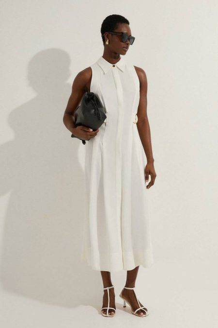 Midi Dresses Petite Premium Viscose Linen Topstitch Halter Neck Woven Midi Dress With D Ring Detail Karen Millen White Women