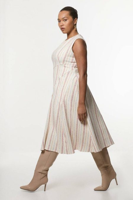 Midi Dresses Pink Women Karen Millen Plus Size Premium Woven Stripe Tailored A-Line Midi Dress