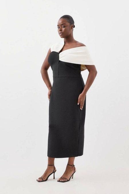 Midi Dresses Pink Women Plus Size Figure Form Bandage Knit Asymmetric Strap Midi Dress Karen Millen