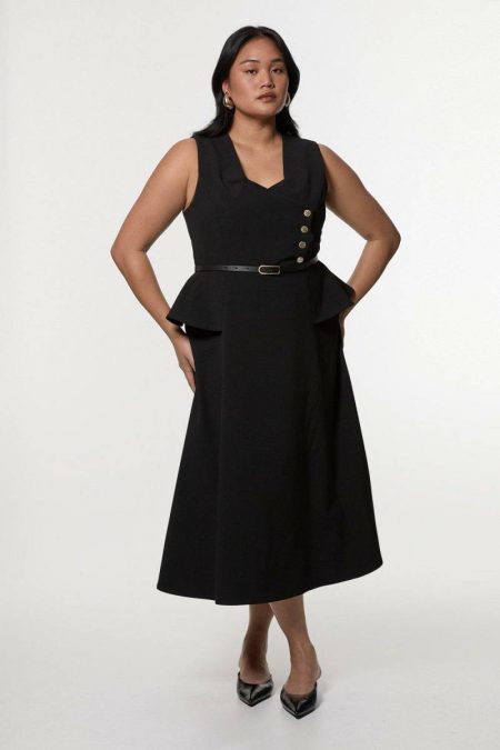 Midi Dresses Plus Size Compact Stretch Belted Peplum Detail Full Skirted Midi Dress Women Karen Millen Black