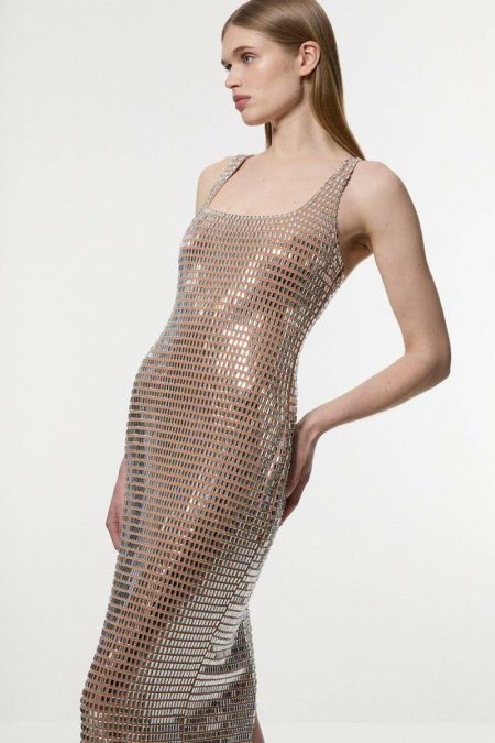 Midi Dresses Premium Crystal Embellished Jersey Midi Dress Karen Millen Nude Women