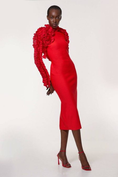 Midi Dresses Red Karen Millen Women Petite Figure Form Bandage Knit Rosette Detail Midi Dress