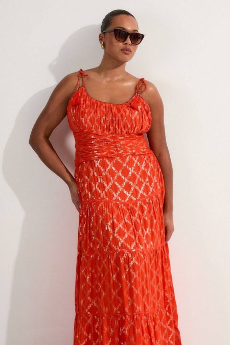 Midi Dresses Red Women Plus Size Metallic Viscose Georgette Strappy Woven Sun Dress Karen Millen