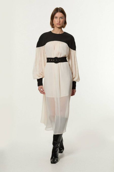 Midi Dresses Twill Balloon Sleeve Woven Midi Dress Women Karen Millen Stone