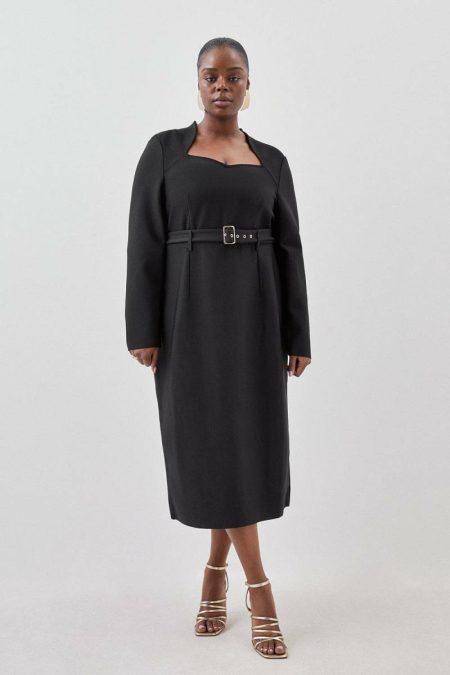 Midi Dresses Women Black Plus Size Bandage Figure Form Knit Belted Midi Dress Karen Millen