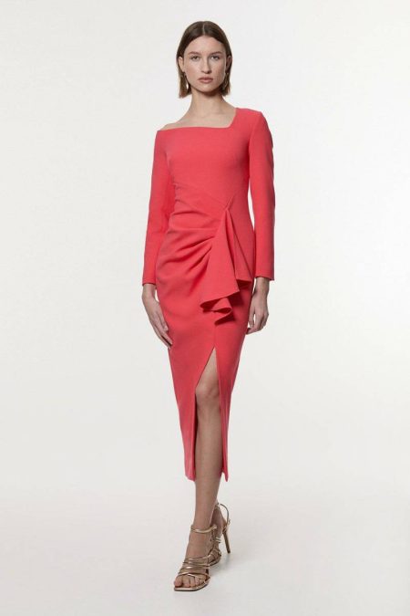 Midi Dresses Women Compact Stretch Asymmetric Neckline Draped Midi Dress Hot Pink Karen Millen