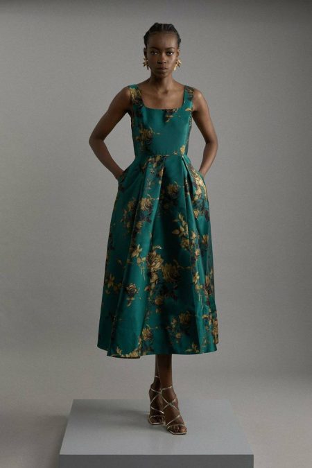 Midi Dresses Women Green Floral Jacquard Woven Midi Dress Karen Millen