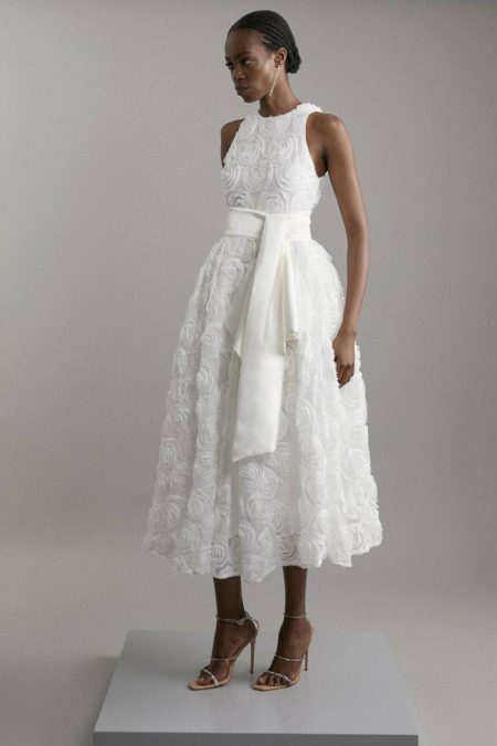 Midi Dresses Women Ivory Karen Millen Romantic Rosette Texture Woven Prom Midi Dress