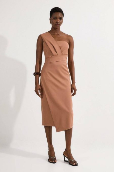 Midi Dresses Women Karen Millen Camel Tailored One Shoulder Tuck Detail Pencil Midi Dress