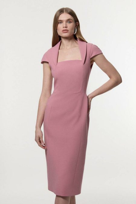 Midi Dresses Women Karen Millen Compact Stretch Square Neck Tailored Pencil Midi Dress Dusty Rose