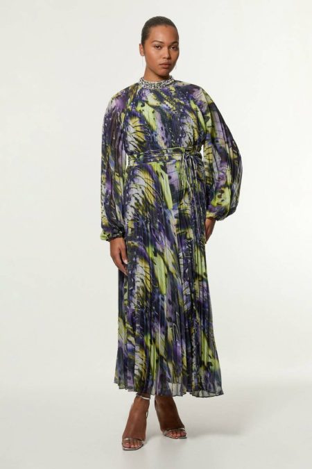 Midi Dresses Women Karen Millen Multi Plus Size Crystal Embellished Crinkle Feather Printed Woven Midaxi Dress